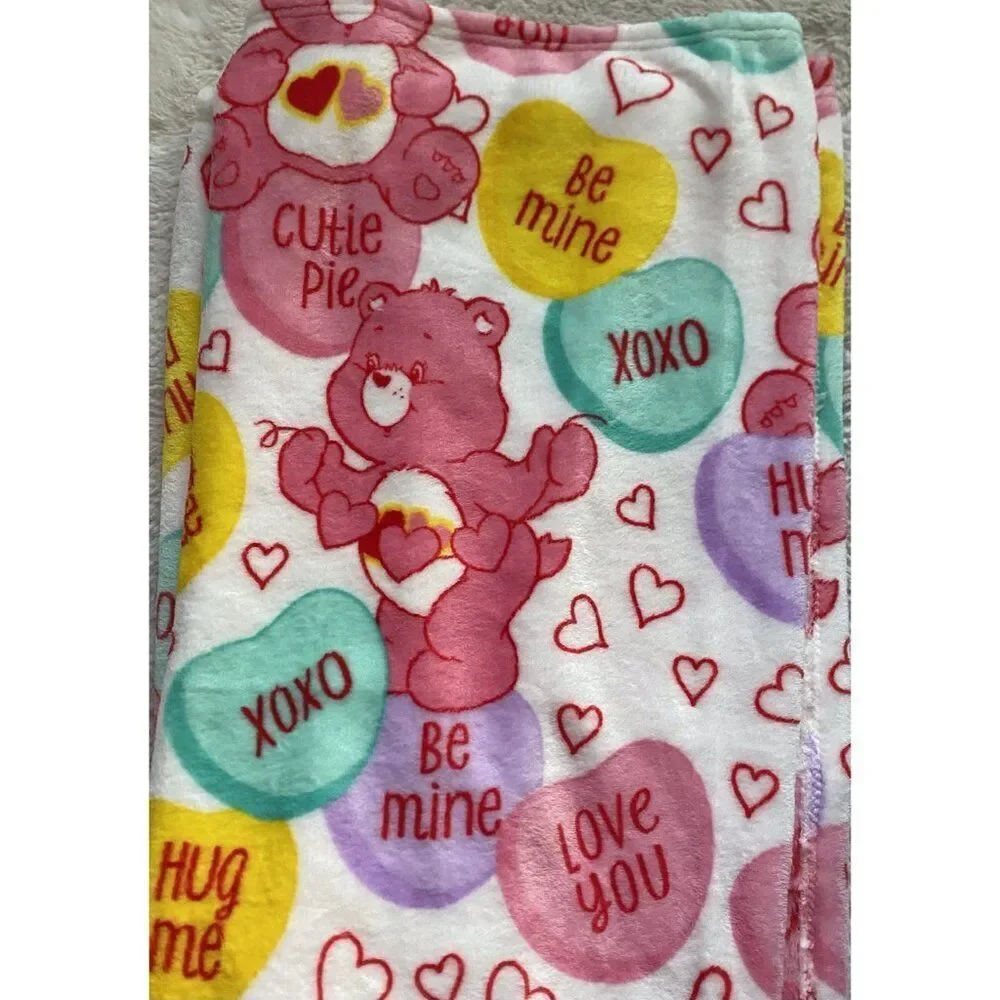 Care Bears Love A Lot Bear Throw Blanket 50 X 70” Conversation Hearts Valentines